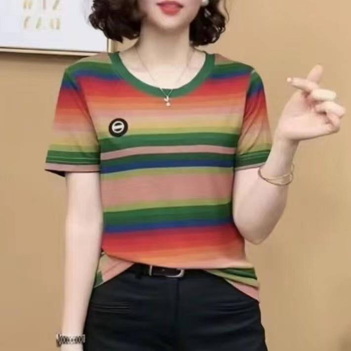 New Summer T-shirt Short-sleeved T-shirt Striped Fashionable Round Neck Mom Shirt Slim Top