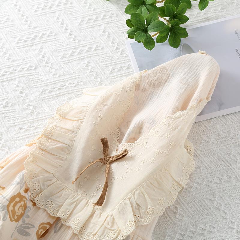 Lace collar nightdress women's spring and autumn summer long-sleeved pure cotton gauze thin sweet princess style home dress can be worn outside
