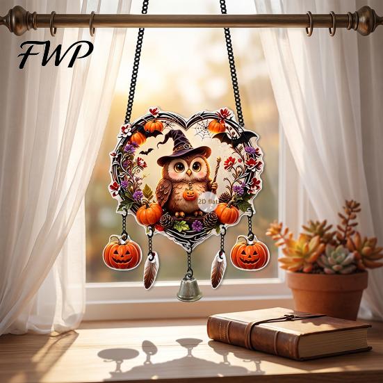 Halloween Wall Hangings Acrylic Love Heart Wreath Ornament, Cartoon Owl Ghost Witch Festive Hanging Decoration Skeleton Decor, Party Pendant with Bell