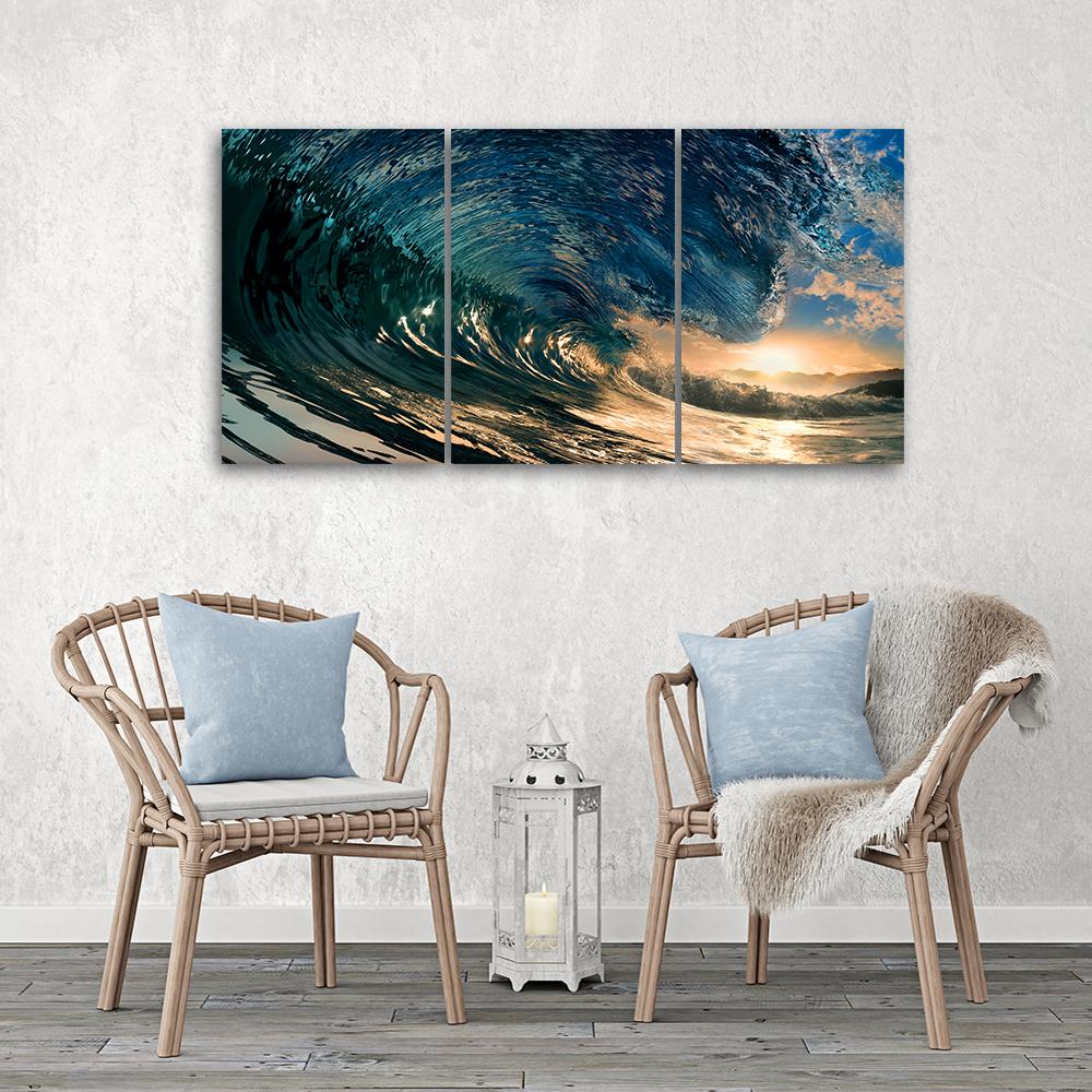 Dreiteiliges Bild auf Leinwand, Aufgewühlte Wellen