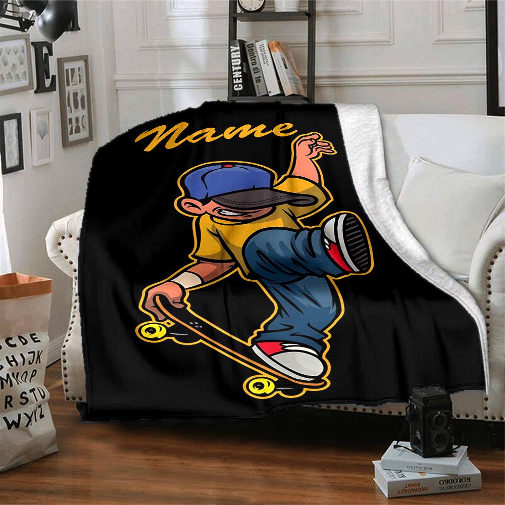Custom Name skateboard Theme Printed Blanket - Perfect for Couch, Bed, Travel & Outdoor Use | Machine Washable, Cozy & Durable.