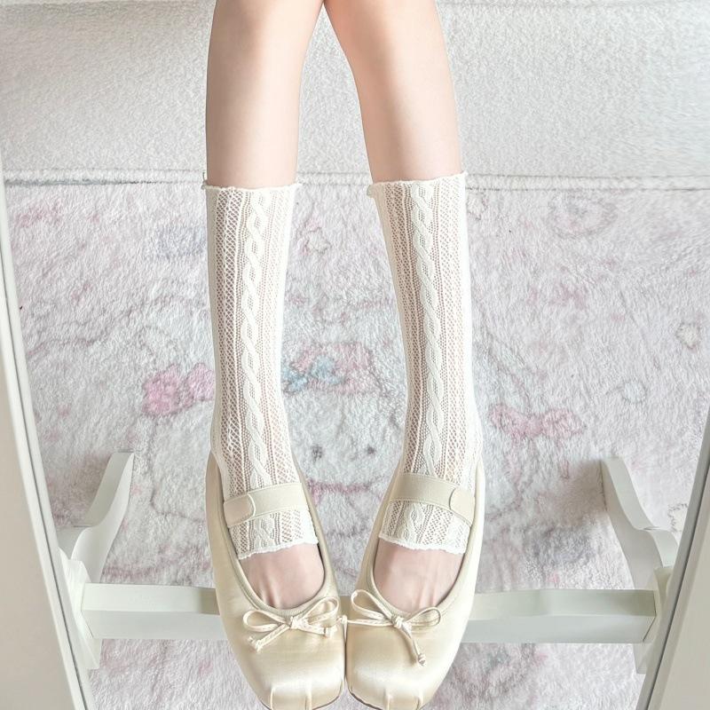 Japanese sweet hollow tube socks children spring and summer twist princess lace leg cover white hollow socks fishing net socks