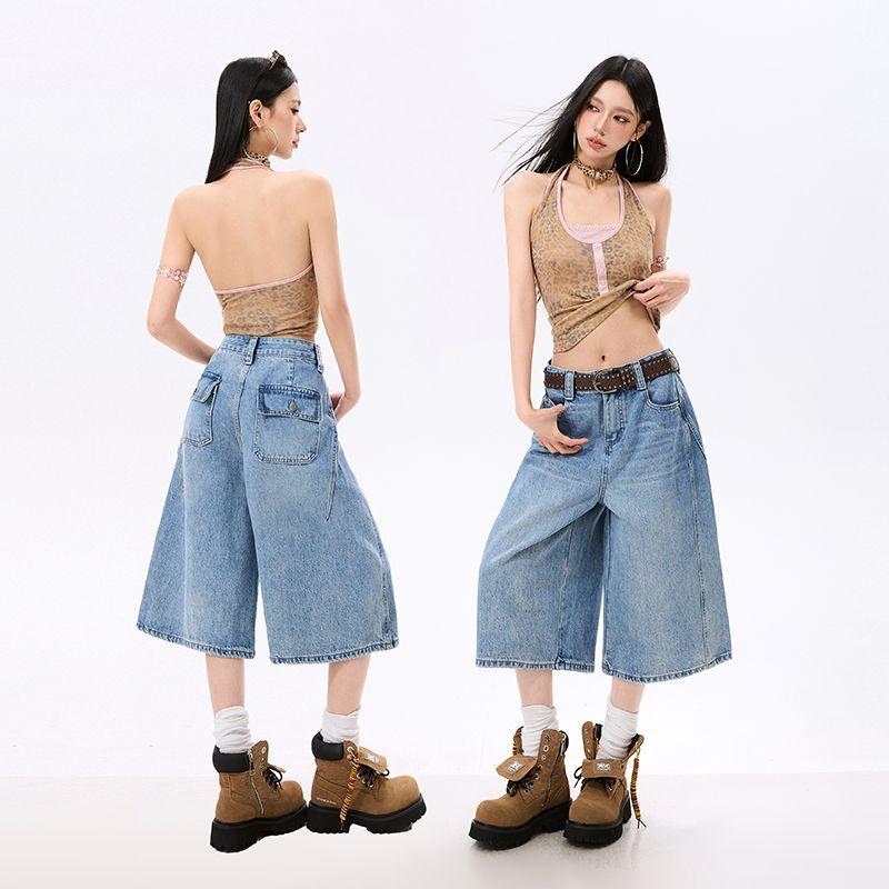 Fashion Summer Relax Fit Casual Wide Leg Cropped Capri Denim Pants For Women Trendy Versatile Loose Straight Slimming AllMatch Design