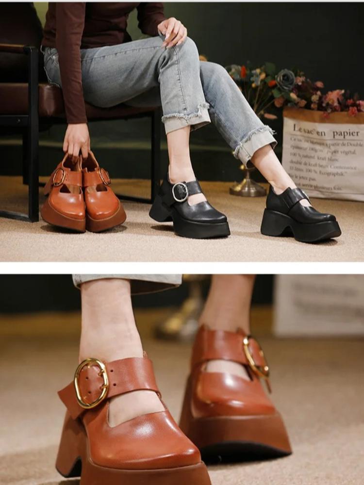Johnature Genuine Leather Thick Soled Shoes Retro Versatile Buckle Strap Thick High Heels Women's Shoes