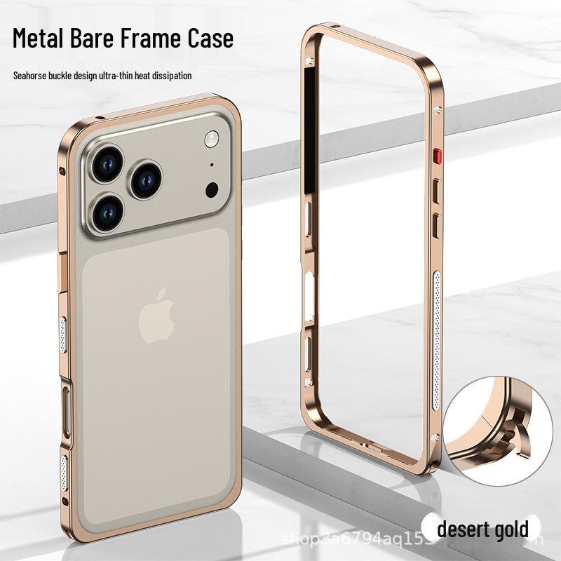 Seahorse Buckle Metal Frame Case for iPhone 17/16/15/14 Pro Max iPhone 17 Air пустынное золото