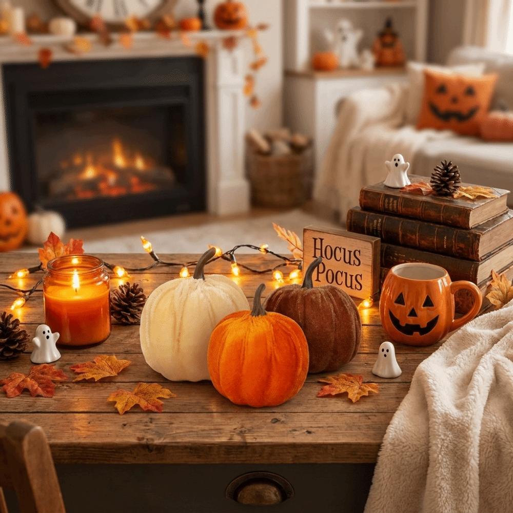 Soft Flocked Faux Pumpkin Tabletop Decor Velvet Halloween Artificial Decoration Thanksgiving Decor
