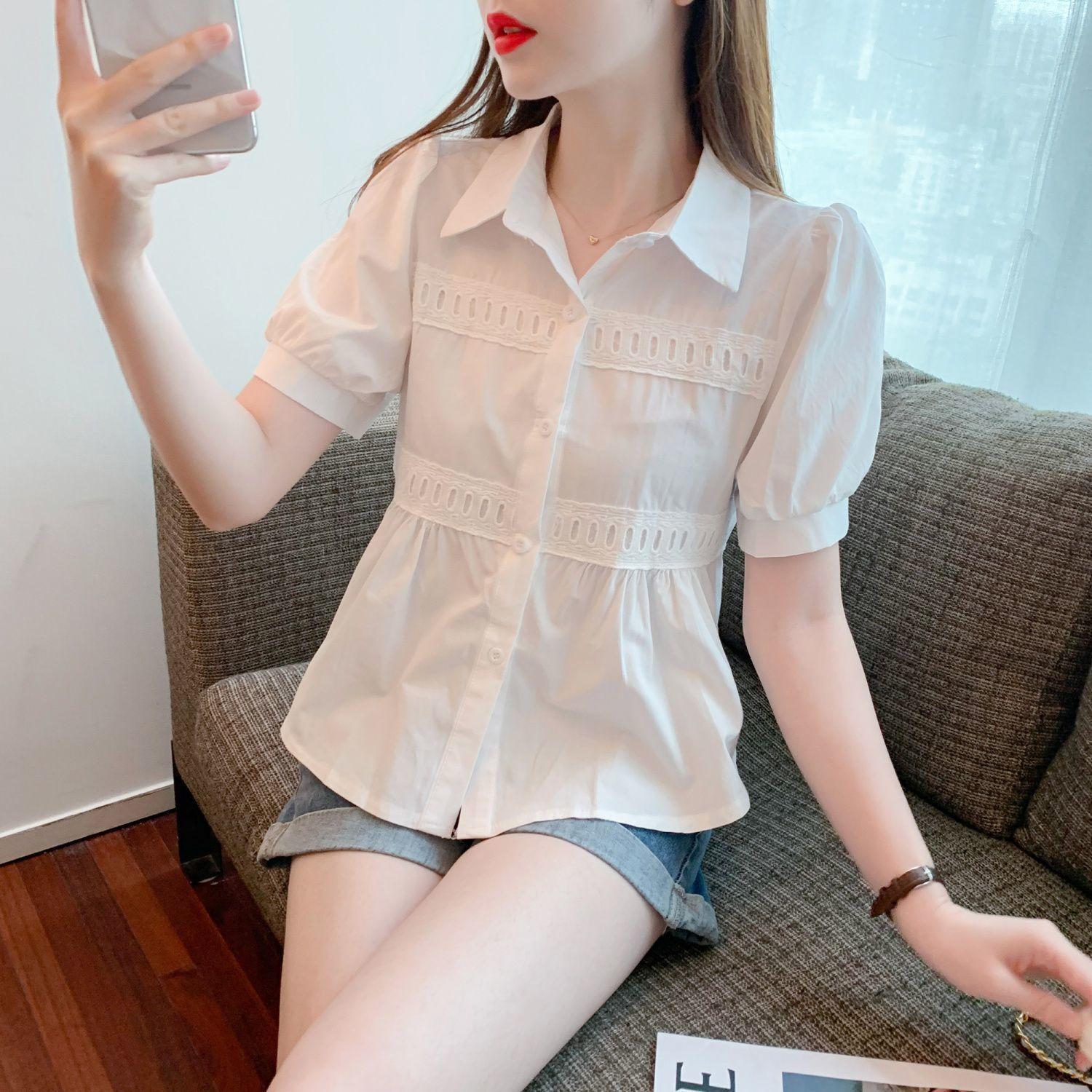 

Women s Shirt Bubble Short Sleeved Shirt Shoulder T-shirt Summer Chic Shirt French Short Top S белый