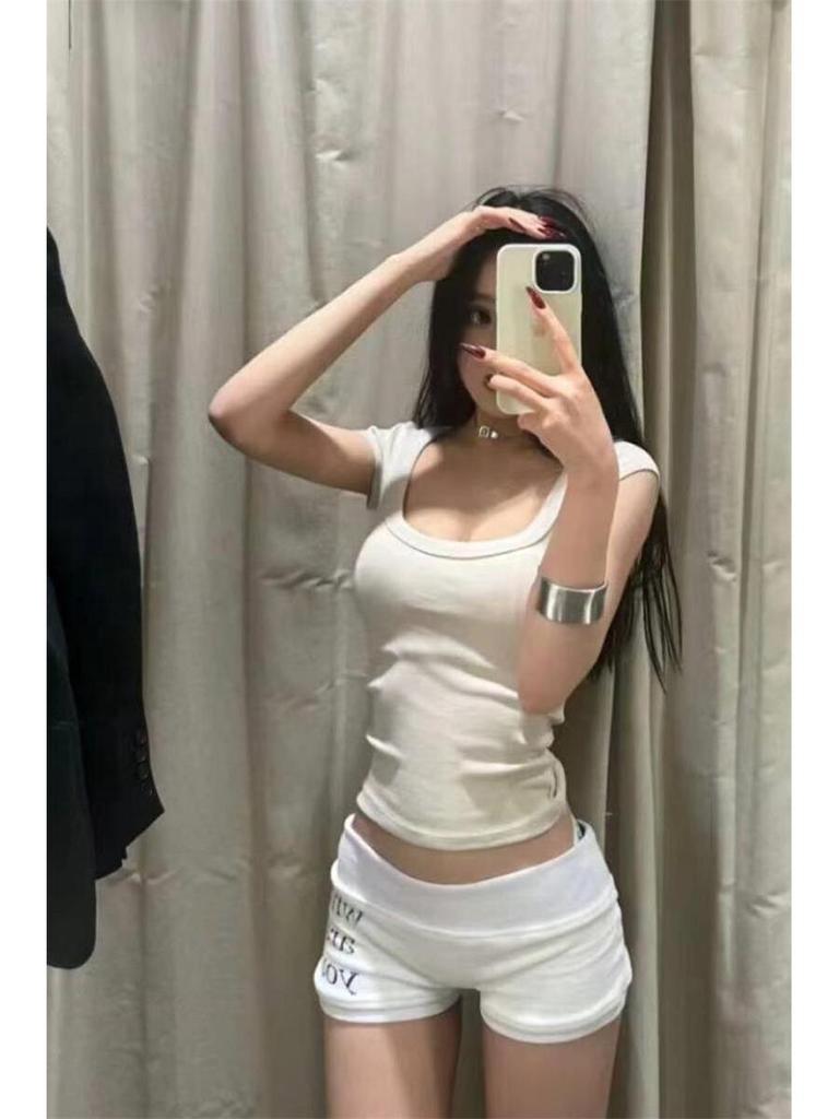 Women's Summer Sweet & Spicy Slim Fit Round Neck Ribbed Cotton T-Shirt, Short Sleeves