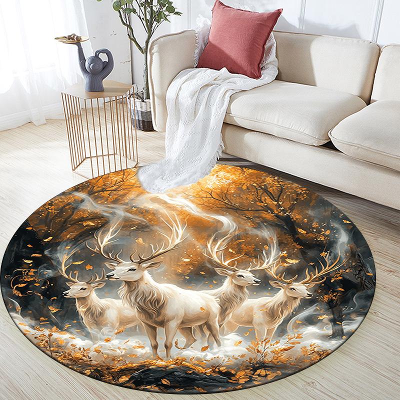 Enchanted Forest Deer Round Area Rug,Carpet Rug for Living Room Bedroom Sofa Playroom Decor,Non-slip Floor Mat