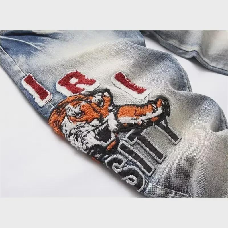 Retro Blue Slim-Fit Men's Jeans with Tiger Embroidered Badge