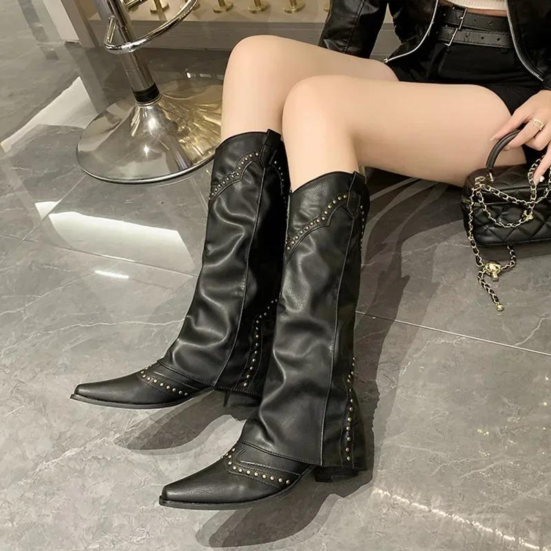 Retro Nieten High-Leg Hosenstiefel Französische Damenstiefel Vielseitige Western Cowboy Stiefel Ritterstiefel Langschaftstiefel