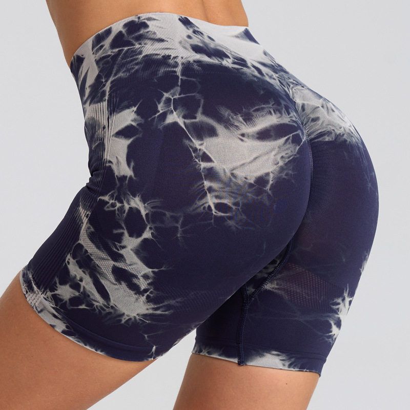 Summer Fashion New Fitness Pants Tie Float High Waist Short Shorts Training Hip Lifting Sport Running Tie Dye Yoga Pants Navy Blue S [European and American Code 50-57.5kg]