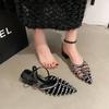 Fashion 2025 Luxury Rhinestone Narrow Band Sandals Woman Elegant Point Toe Low Heel Ankle Strap Ladies Evening Party Shoes