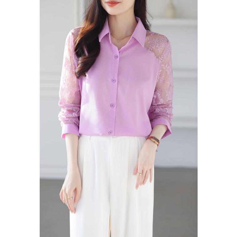 Western Style Women's Collar Lace Patchwork Chiffon Shirt Top Cardigan Shirt