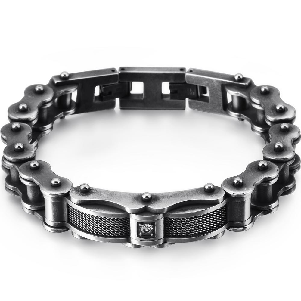 Biker Jewelry Worn Look Bicycle Chain Men's Bracelets Vintage Black Stainless Steel Motorcycle Bicycle Wear CZ Bracelet For Men