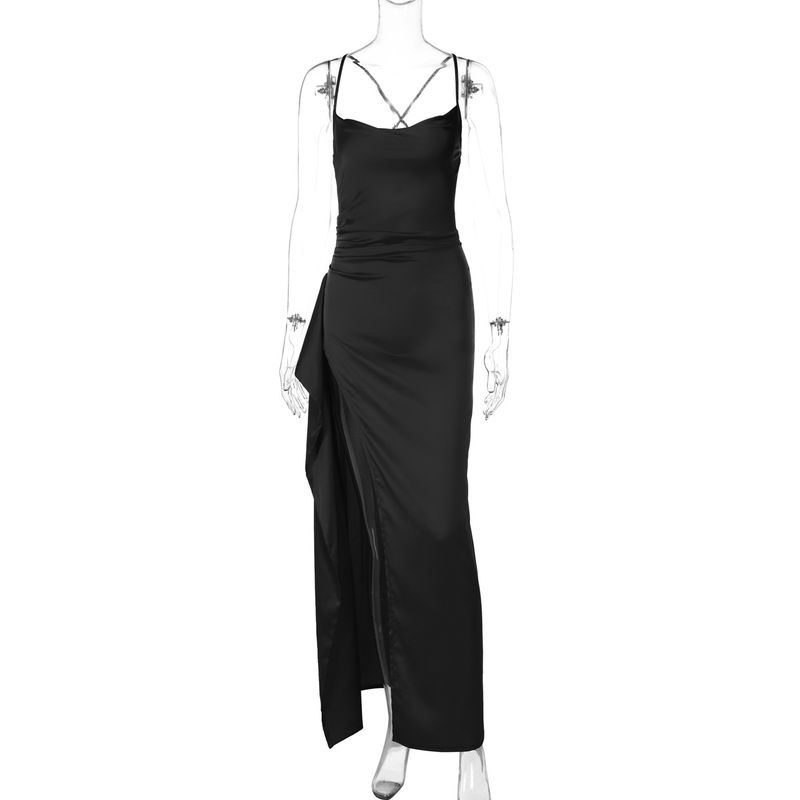 

Outfitgirl Silky Satin High-End Split Evening Dress Sexy Back Strap Solid Color Suspender Dress Black L