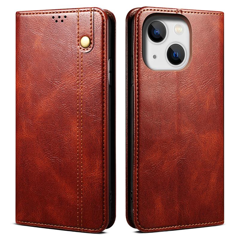 

For iPhone 15 Phone Cover Stand Wallet Waxy Crazy Horse Texture PU Leather Cell Phone Shell Case Brown