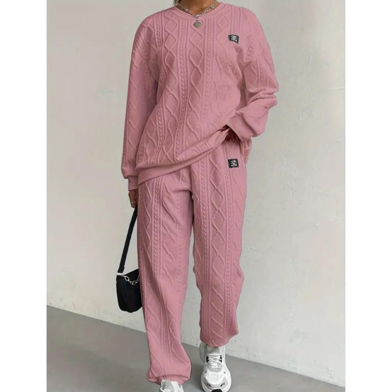 Women Fashion Casual Two Piece Set Long Sleeve Jacquard Sweatshirt And Long Pants