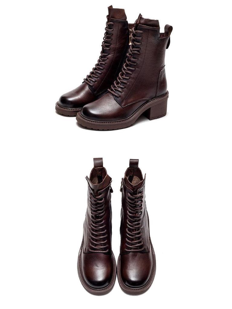 Shanghai Jie Zhou Herbstliche Stiefeletten mit runder Zehenpartie, Blockabsatz, aus Rindsleder, modische Martin Boots mit seitlichem Reißverschluss – Mittelhohe Stiefeletten