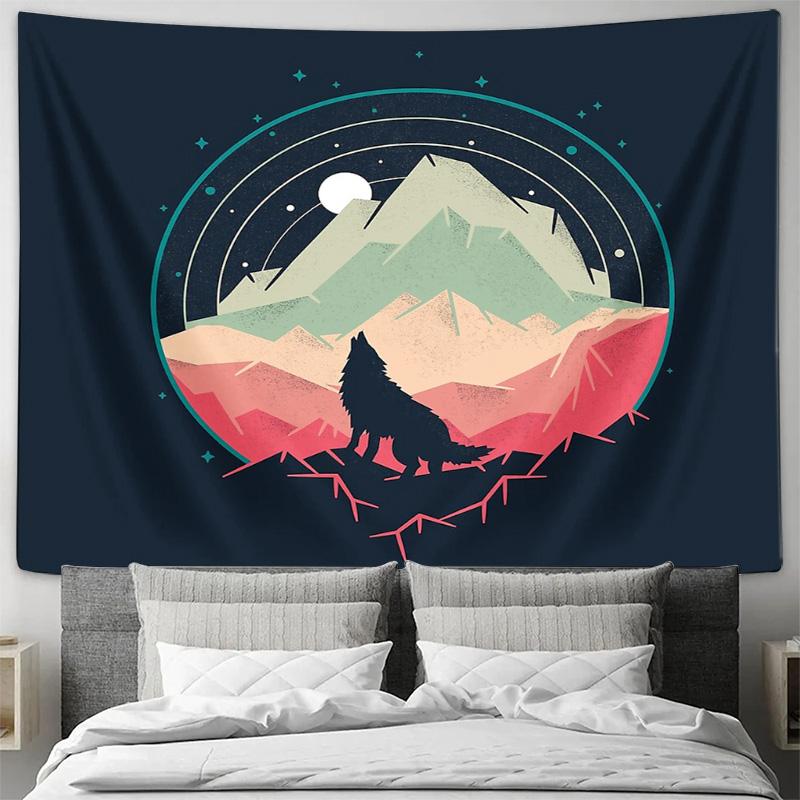 Wolf Mountain Tapestry Forest Animals Nature Wall Hanging Psychedelic Home Decor Bohemian Hippie Room Aesthetic Tapestry