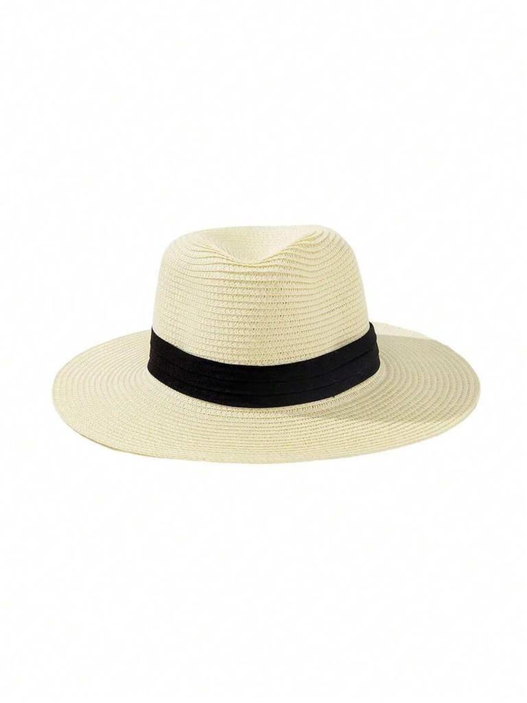 Unisex Wide Brim Straw Panama Hat For Summer Beach Sun Protection