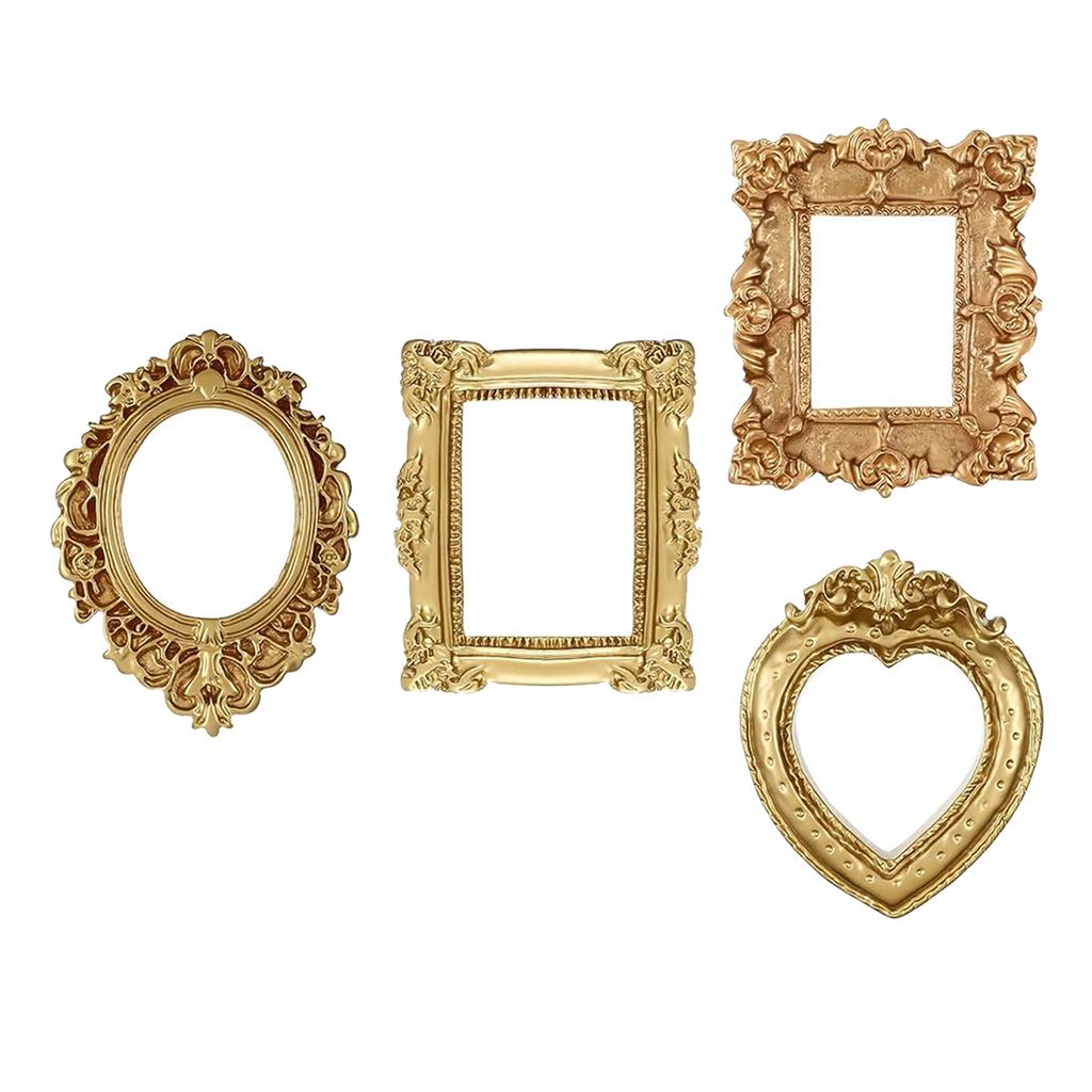12 PCS Vintage Resin Picture Frame Set 4 Retro Frame Forms Golden Photo Frames for Doll House Decor Jewelry Display