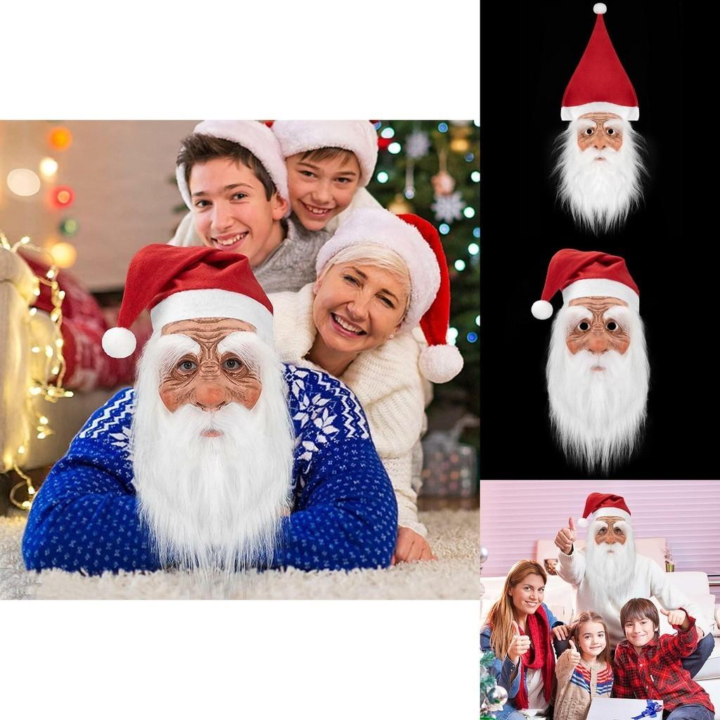 Christmas Latex Santa Claus Cap With White Beard Mask Role Play Fun Props