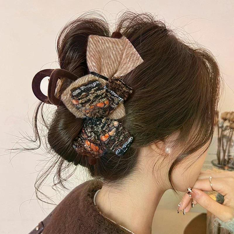 Retro Autumn And Winter Wool-blend Color-block Double Bow Hair Clip For Women Girls Large Shark Clip Hair Accessories