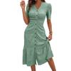 Women's Button Down Ruched Long Dress Casual Short Sleeve V-Neck Maxi Dress Summer Beach A-Line Swing Sundress