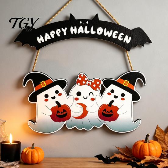 Festive Party Props Happy Halloween Ghost Door Sign, Wooden Three Wall Plaque Hanger, Front Hanging Supplies Decorative Sign
