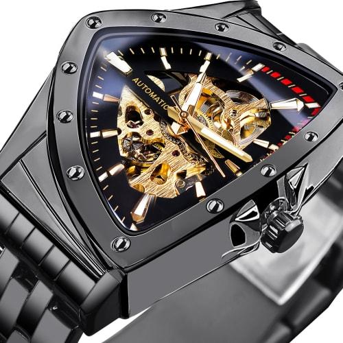 FORSINING Men's Skeleton Automatic Mechanical Watch with Triangular Dial and Luminous Self-Winding Movement, Stainless Steel Bracelet or Soft Silicone