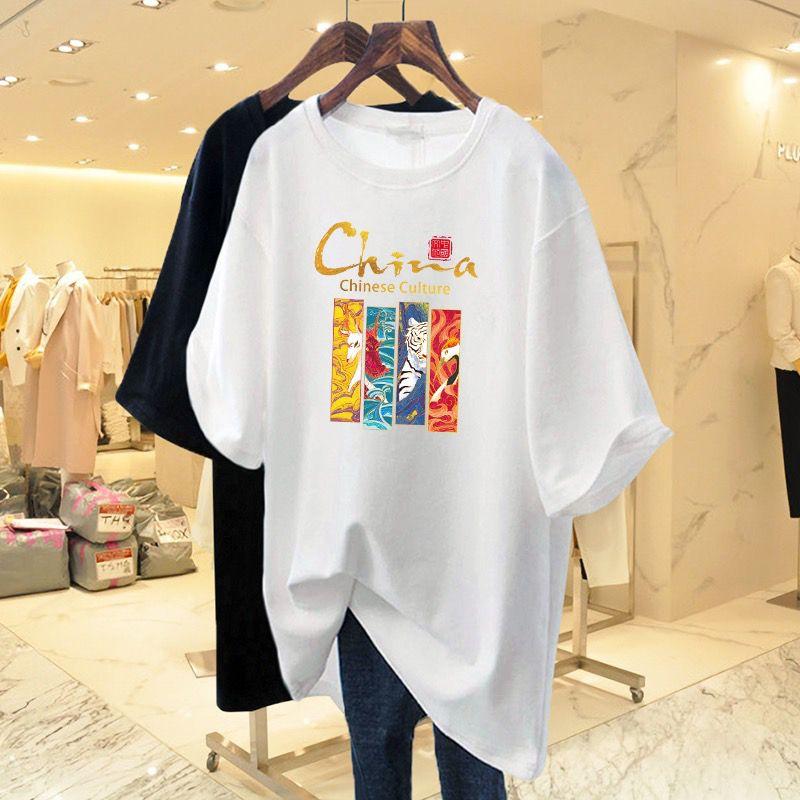 Summer New Chic Hand-Painted Print Basic T-shirts Women Clothing Casual Loose Pure Cotton Short Sleeve Top Tee Lady Pullovers