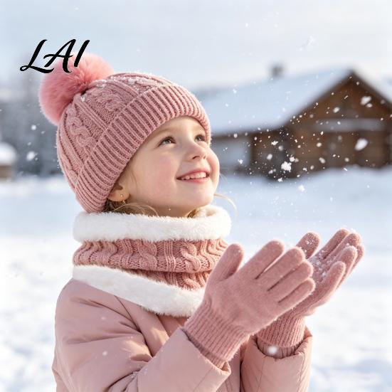 Five Finger Winter Gloves for Toddlers Kids Warm Knit Set Bear Ear Hat Fleece Lined Neck Gaiter & Weather Resistant Thermal Set Full Gloves,