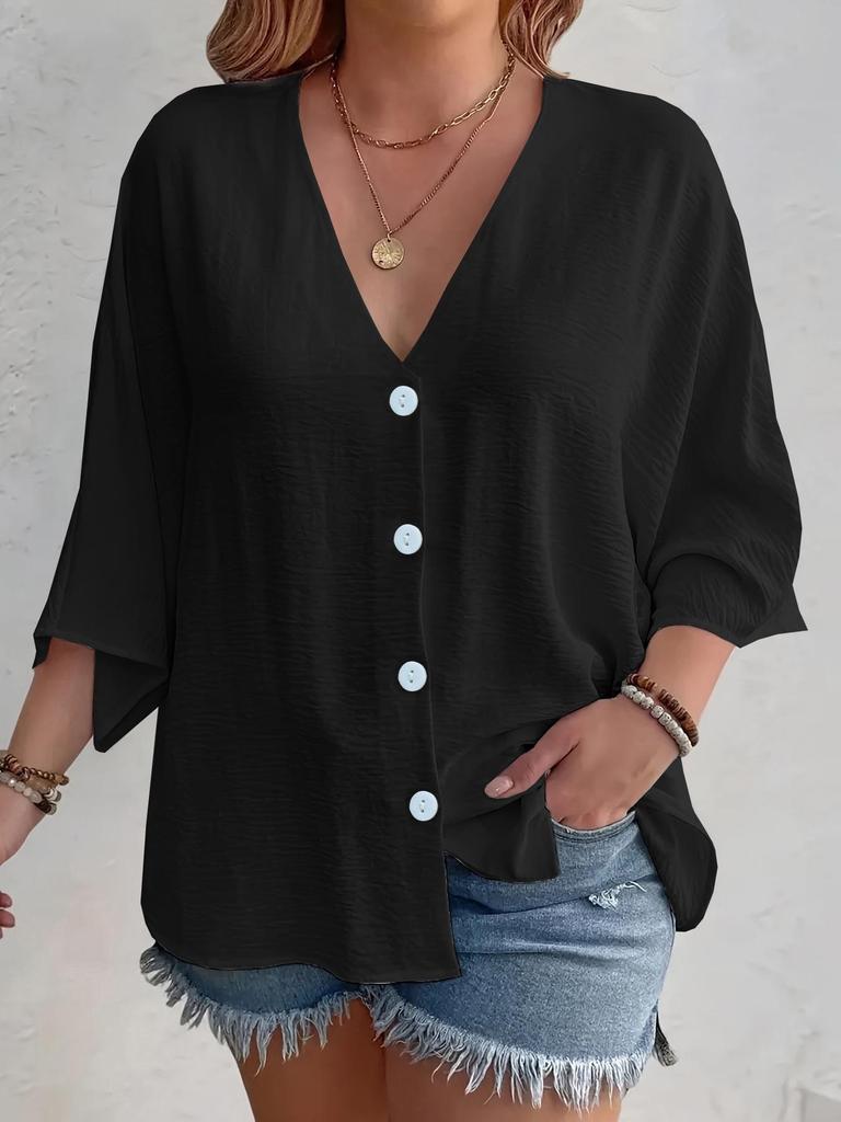 Spring/Autumn 2025 Women's V-neck Ice Silk Wrinkled Cardigan, Solid Color, Three-Quarter Sleeve, Loose Fit