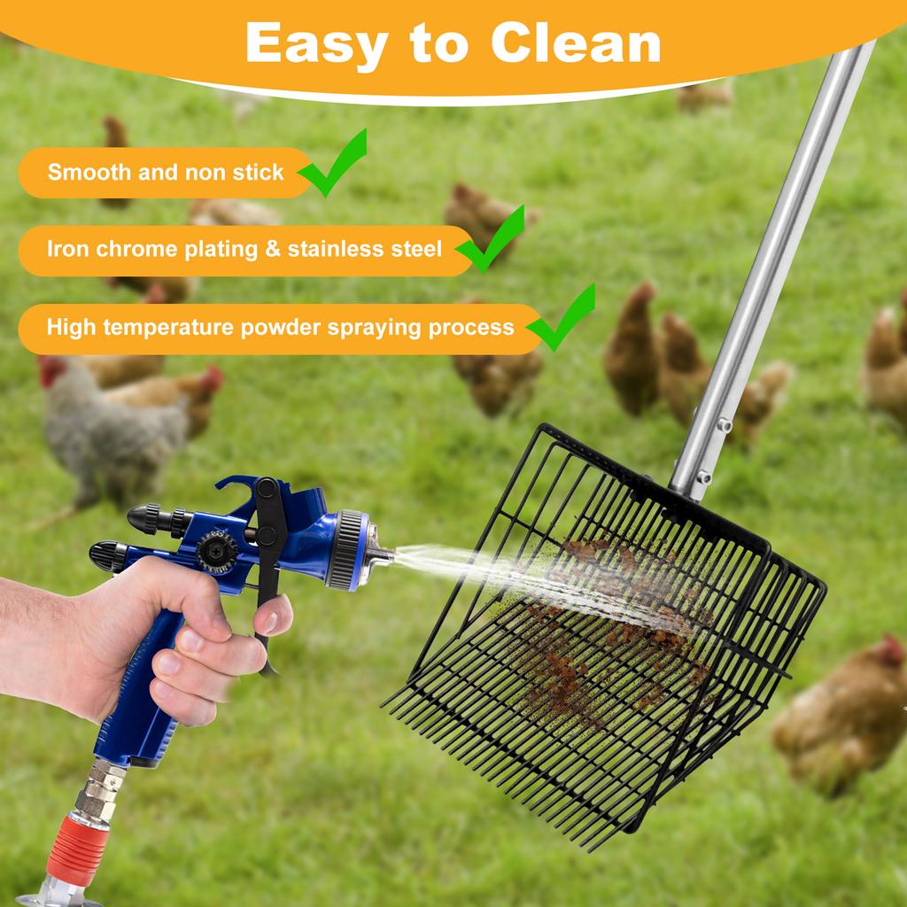 Metal Chicken Poop Scooper and Rake 2 In 1 with Adjustable Stainless Steel Handle Litter Screening Scoop for Pet Waste Cleaning