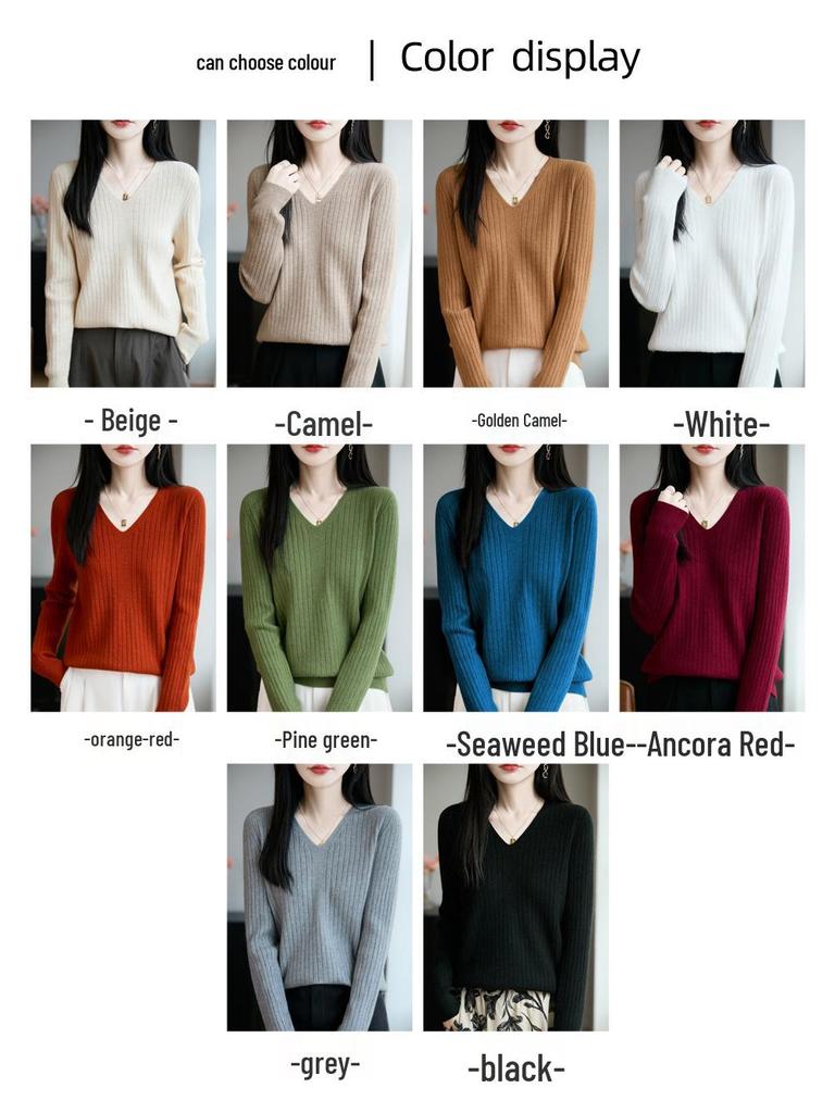 Temperamental Minimalist Women's V-neck Slimming Sweater - Soft, Casual, Skin-friendly Knitted Base for Autumn/Winter.