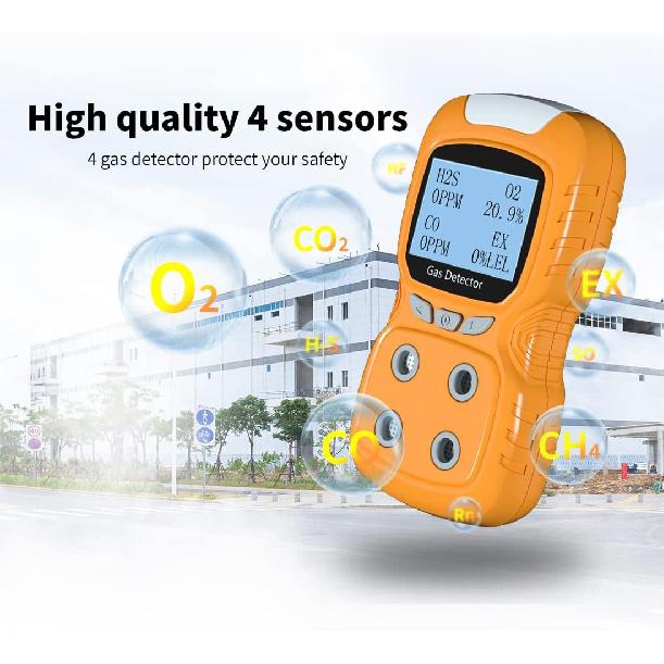 Portable Gas Detector, Gas Clip 4 Gas Monitor Meter Tester Analyzer, Rechargeable LCD Display Sound Light Shock Air Quality Tester, 2 Year