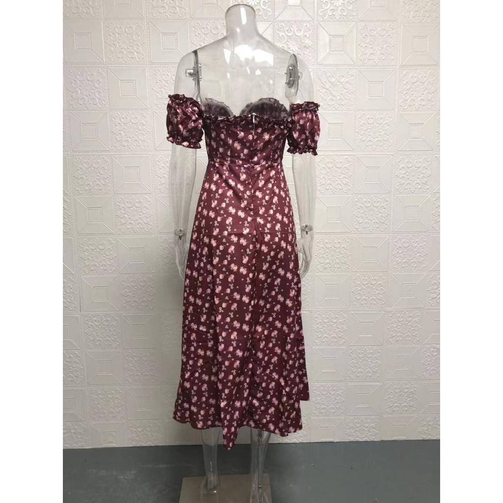 Summer Women's Off-shoulder Strapless Split Floral Short Sleeve Vacation Dress, European American Style Casual Holiday Dress for Women