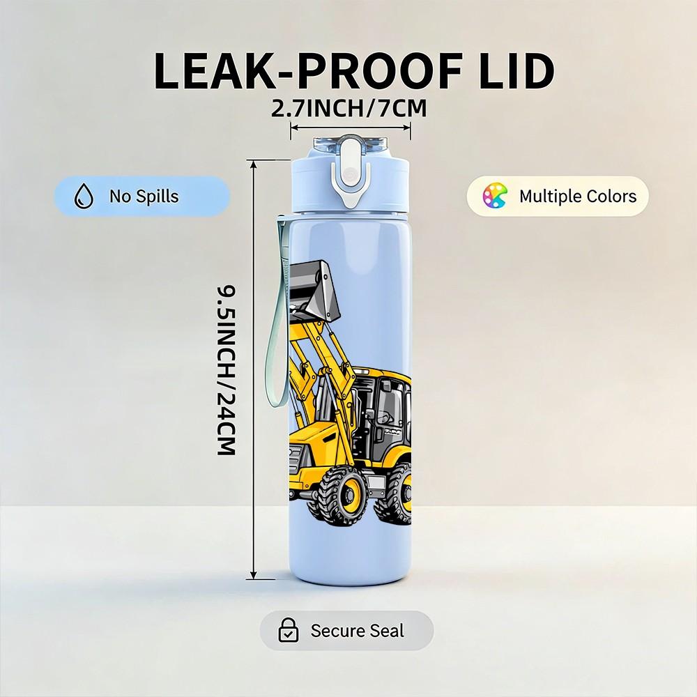 1PC Yellow Excavator Construction Print 750ml Color Plastic Sports Water Bottle Leakproof Flip Straw Lid Suitable for Sports Office Home Use