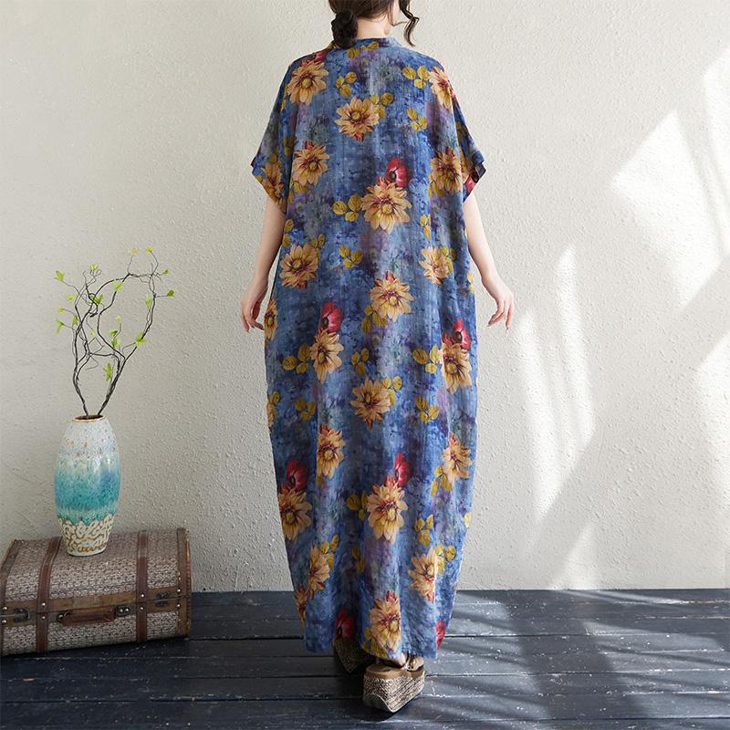 DIMANAF 2025 Summer Plus Size New Dress Beach Basic Loose Women Casual Flower Printing V-Neck Long Vintage Dress Maxi