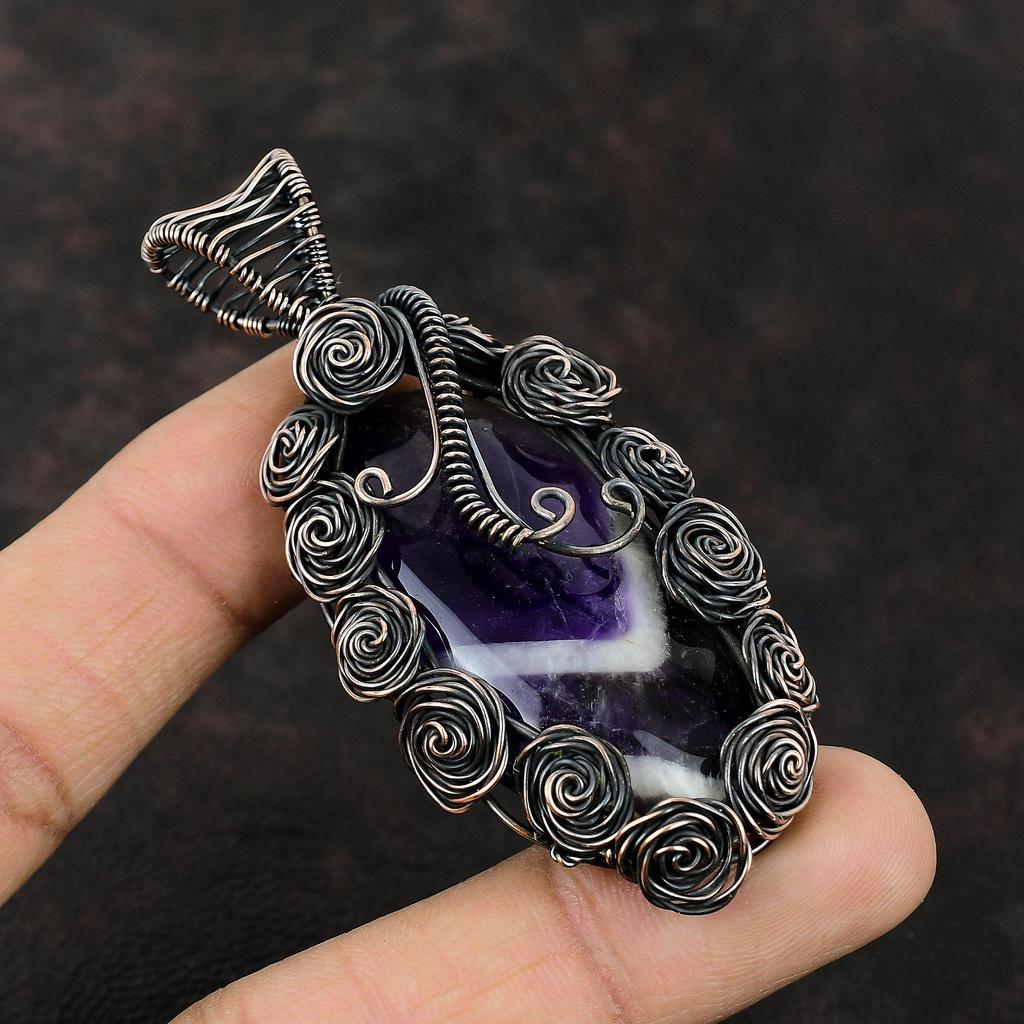 Chevron Amethyst Gemstone Pendant Copper Wire Wrapped Pendant Handmade Pendant Wire Wrapped Jewelry Anniversary Gift Designer Copper Jewelry