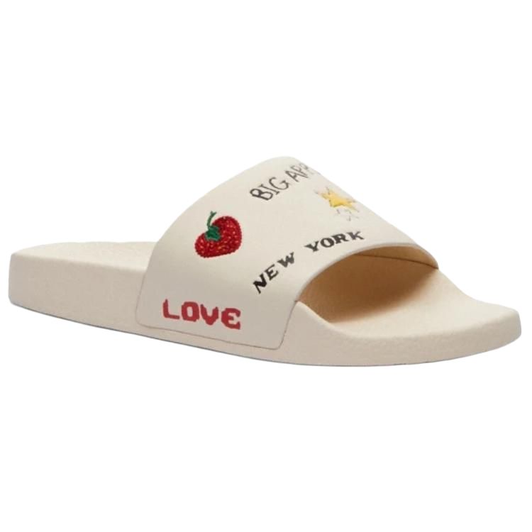 Coach Pool Slide Leather Round Toe Slip-On Sandals Men Footwear White CAR01-CHA