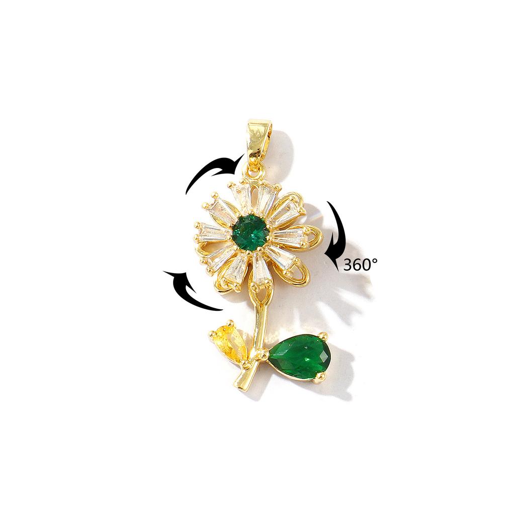 1 Piece Brass & Rhinestone Charms 18K Gold Plated Flower Rotatable Sunflower Daisy Pendants For DIY Necklace Jewelry Making