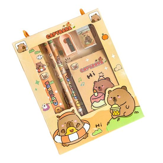 

6Pcs Cute Stationery Set Portable Gift Box Kawaii Eraser Pencil Sharpener Cartoon Capybara Panda Design Complete Gift Box Kids Students Supplies D