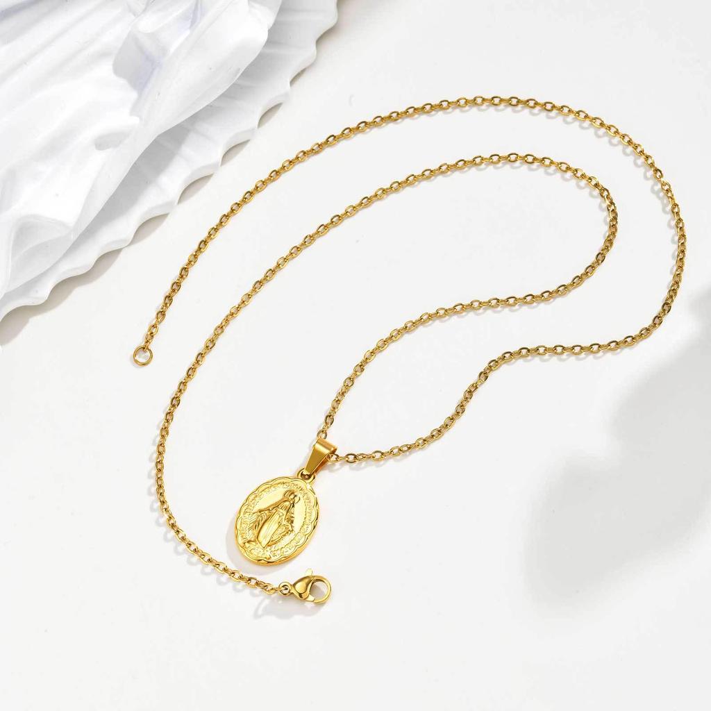 Elegant Oval Virgin Mary Pendant Necklace In Stainless Steel for Women