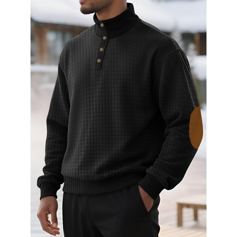Men's Jacquard Stand Collar Small Checkered Sweatshirt Knitted Pullover Casual Henley Sweatshirt