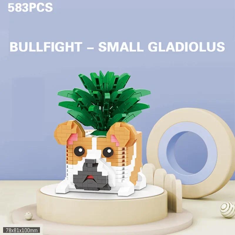 Non-Toxic Succulents Potted Building Blocks Cartoon Dog Pet Animal Model Rose Chrysanthemum Flower Bouquet Decoration Children Holiday Gifts