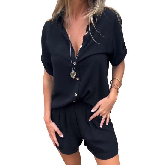 2 Teile/satz Hemd Hosen Anzug Einfarbig Kurze Ärmel Revers Kragen Bluse Hohe Taille Lose Knie Länge Shorts Set Casual