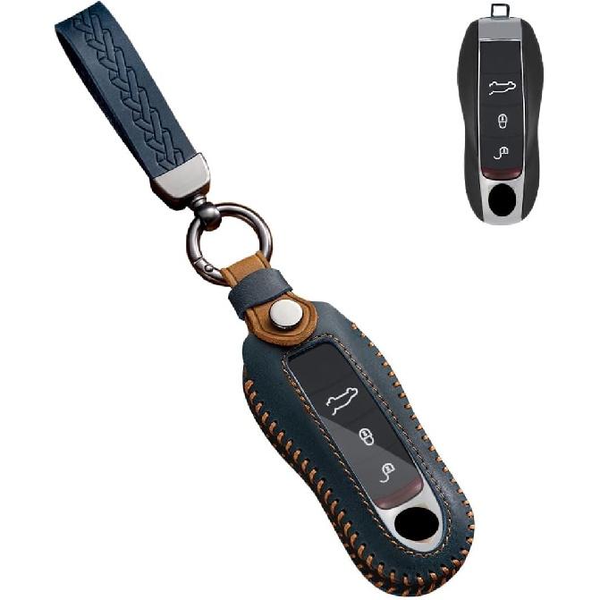 

SANRILY FLL Production Leather Key Fob Cover for Porsche 911 Macan 2020 2021 Cayenne Panamera,718 Cayman/Boxster Keyless 3/4 Button Key Case Shell синий