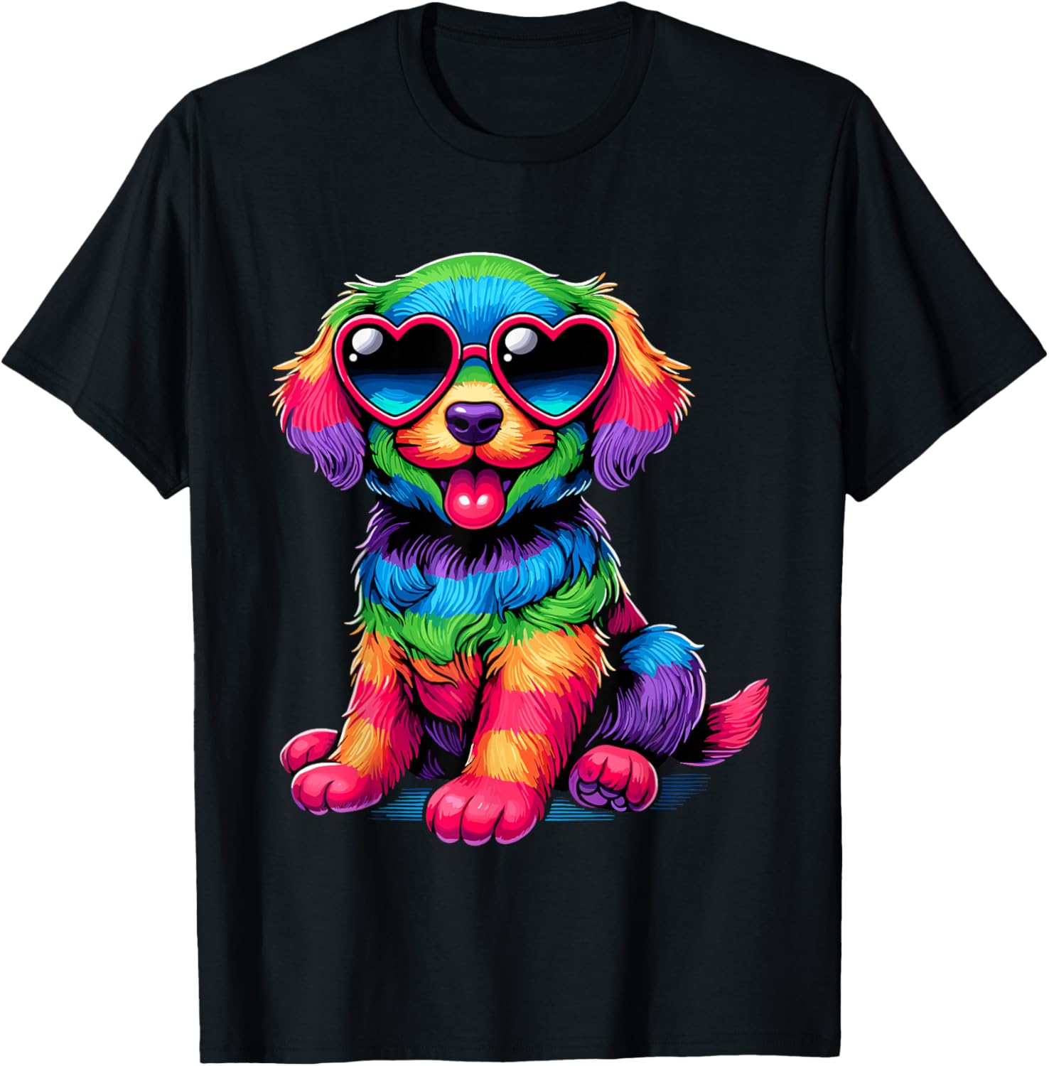 

Rainbow Furry Dog With Heart Sunglasses Graphic Print Cotton T-Shirt Casual Trip Wear 4XL